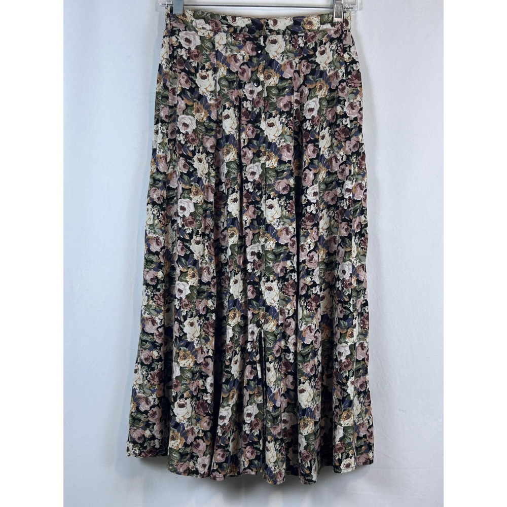 At Last & Co Button Front Maxi Skirt Womens Small Floral Rayon Excellent Vintage